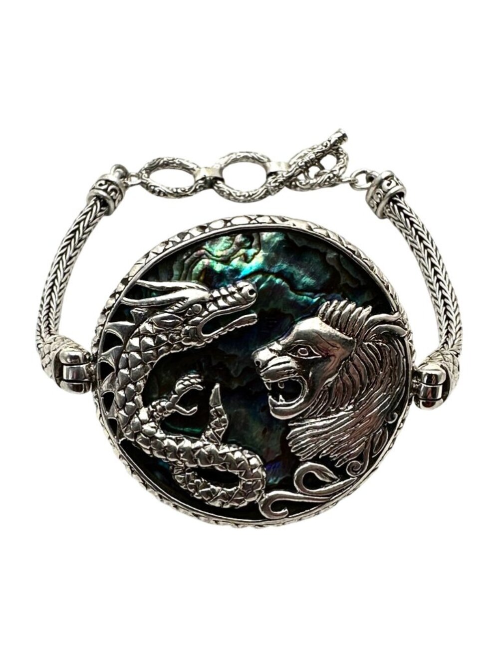 Sterling Silver Dragon Lion Bracelet Abalone Mother of Pearl 8 Inch - Picture 6 of 12